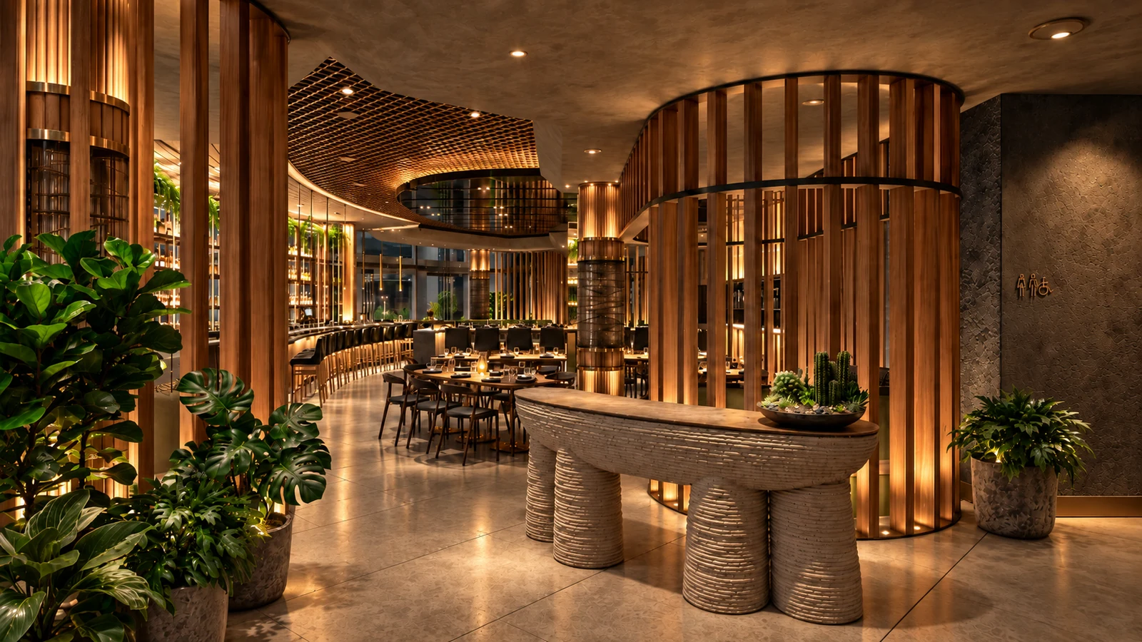 KYU Century Plaza sculptural host stand beside curved timber screens and the restaurant dining room